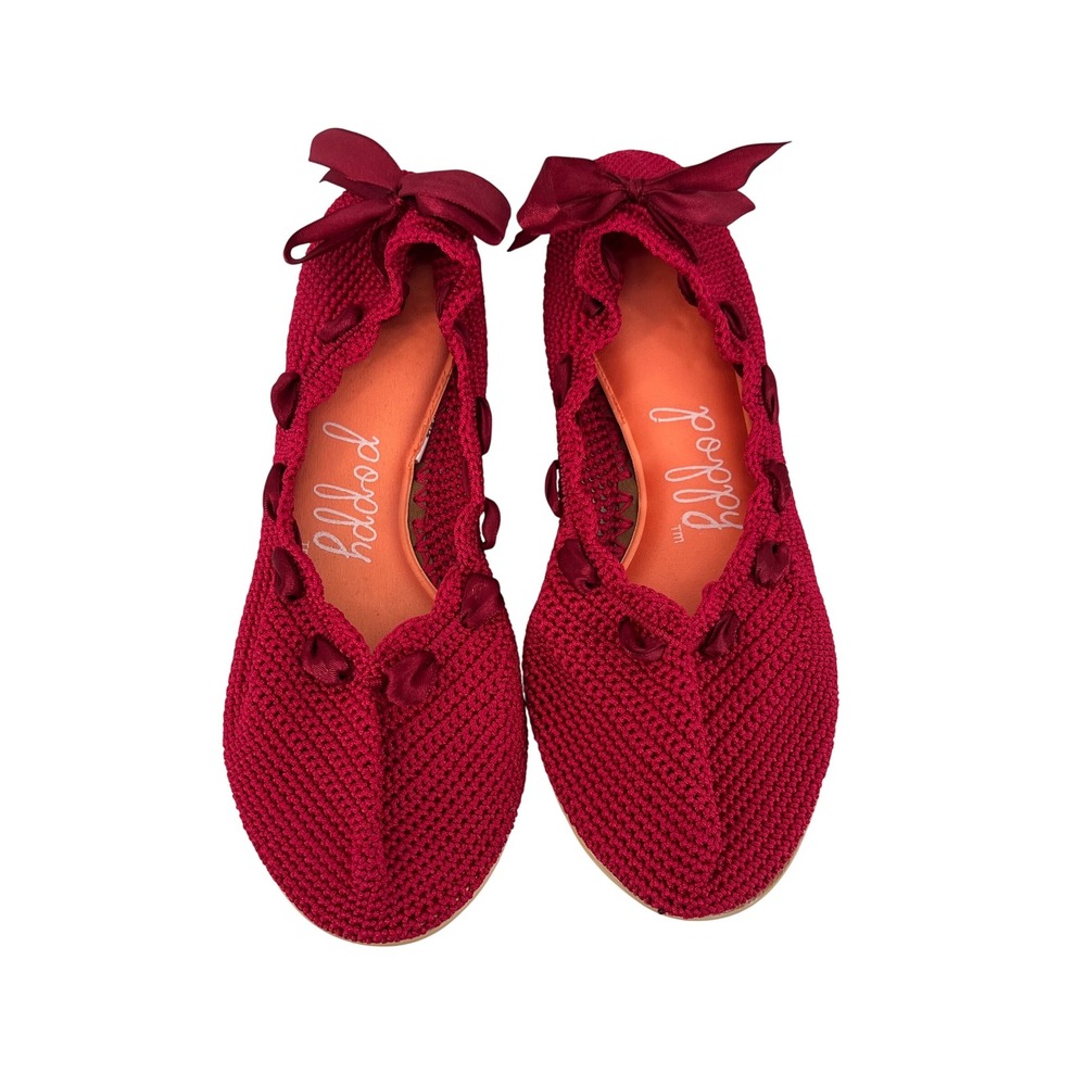 Little Poppy Co. Red Knit Ballet Flats Ribbon Bow Tie Women's Shoes Size 11